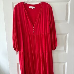 Ann Taylor Loft Red Holiday Event Lined Midi Dress 3/4 Puff Sleeve Size XS